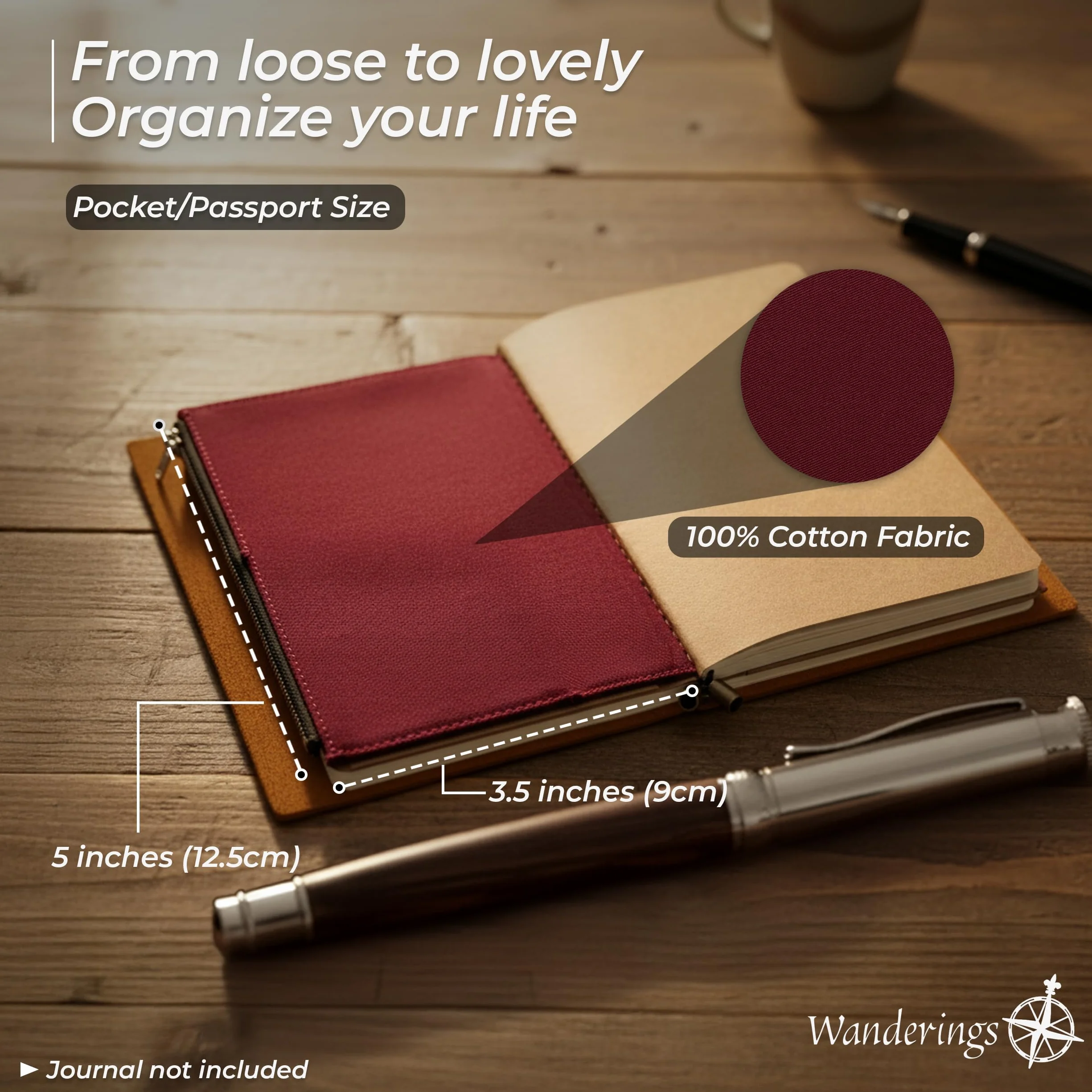 Wanderings Etui z Zamkiem Błyskawicznym i Uchwytem na Karty, Akcesorium do Dziennika Podróżnego Pocket/Passport, 9 x 12,5 cm (3,5" x 5"), z Trwałej Tkaniny 100% Bawełnianej, do Planera i Notatnika