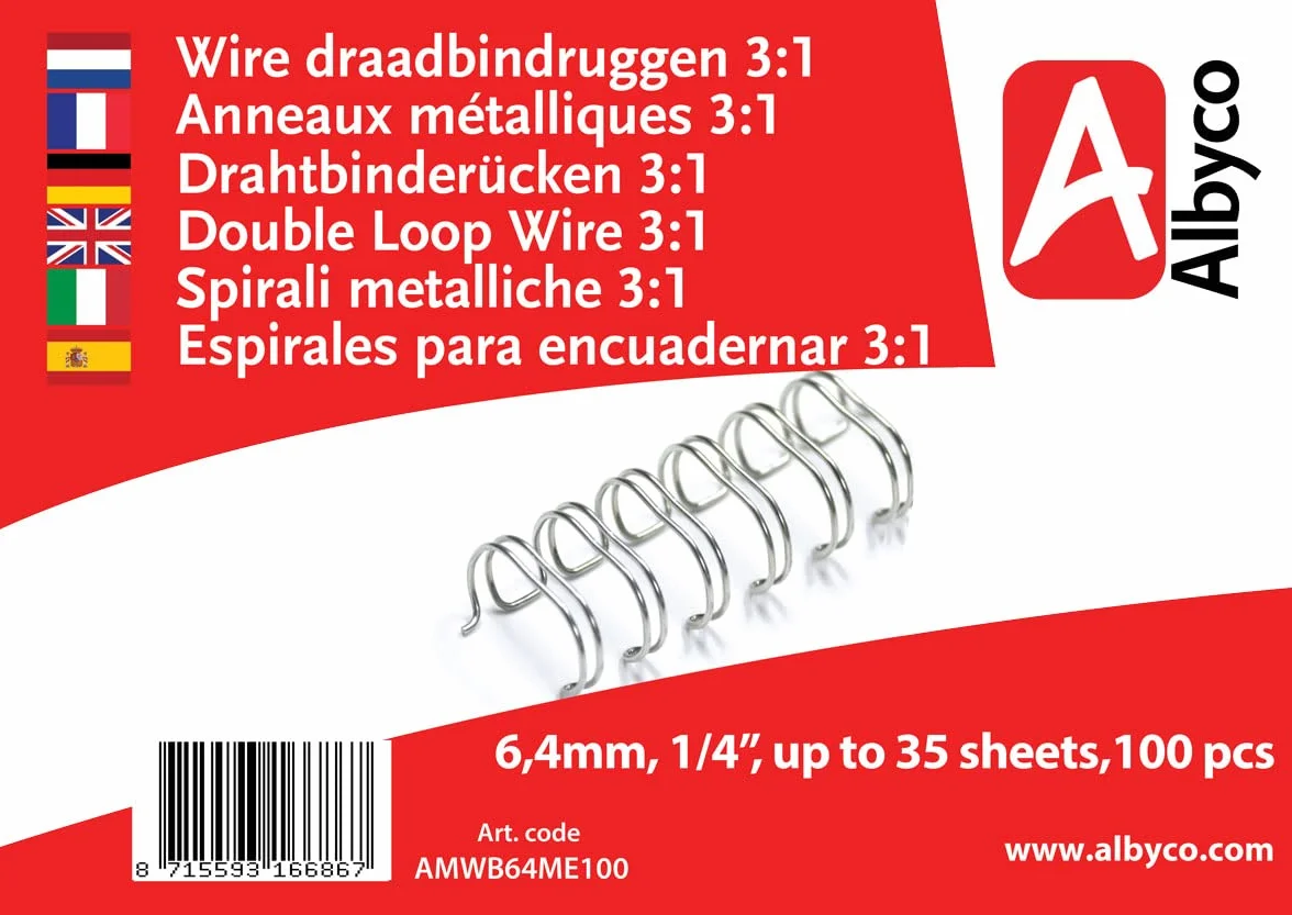 Albyco Wire-o Grzbiet do Bindowania Drutu, Kolor Srebrny, 6,4 Milimetra, 1/4 Cala, do 35 Arkuszy (100 Sztuk)