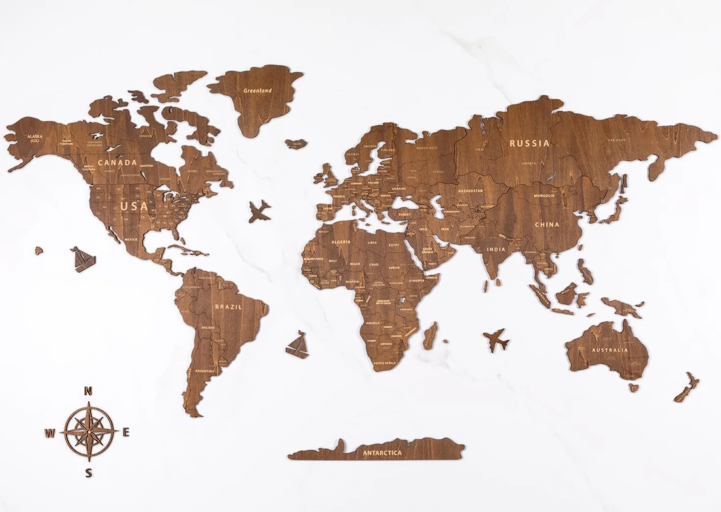 Creawoo Drewniana mapa świata Wall Art, orzechowe drewno mapa podróży do salonu, sypialni, dekoracji biura, idealny prezent dla pary, Housewarming (150x85cm)