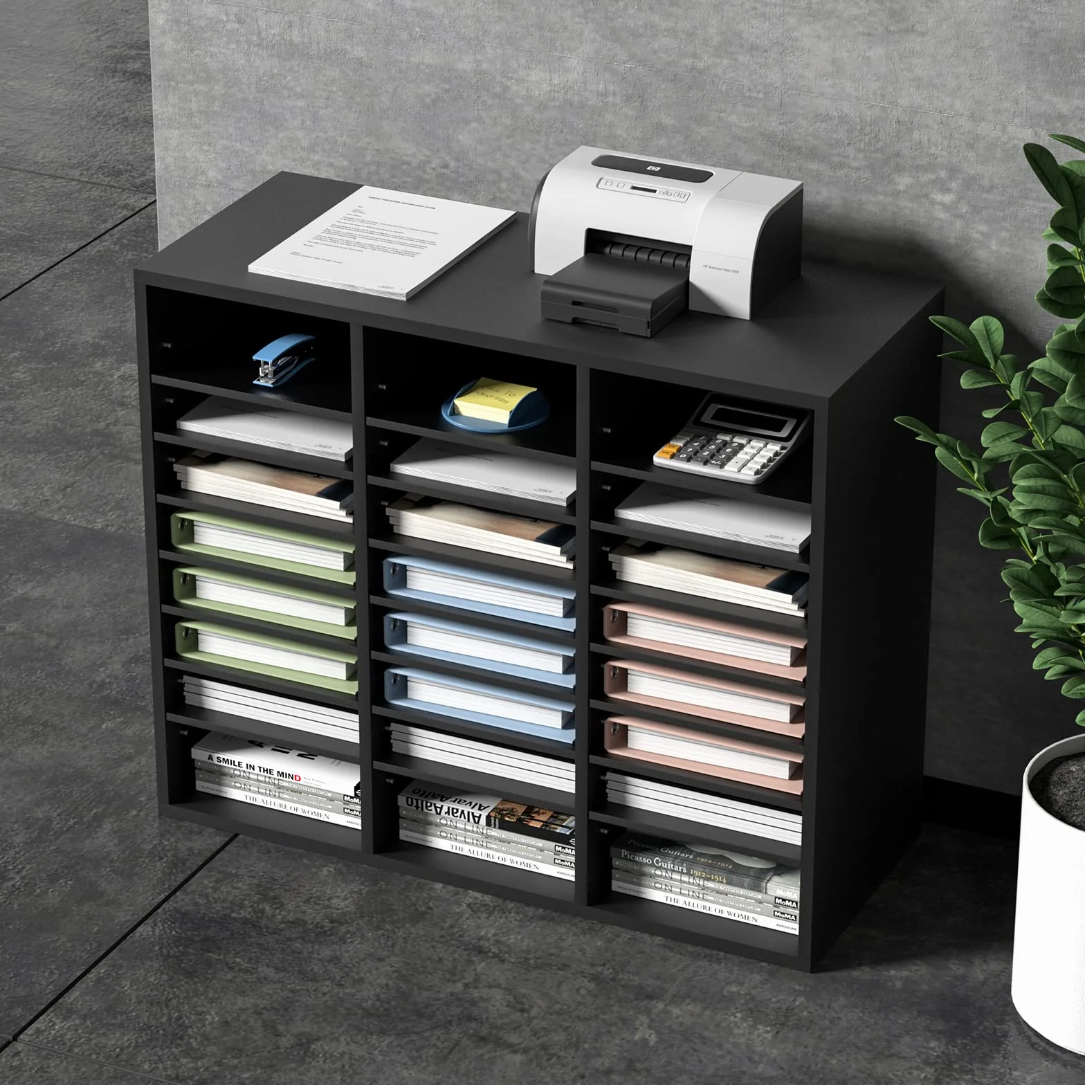 VEVOR Drewniany Organizator Literatury Płyta wiórowa Stojak do przechowywania dokumentów 24 przegródek 73,7x30,5x62 cm Klasyfikator literatury z regulowanymi półkami biurowymi, Czarny
