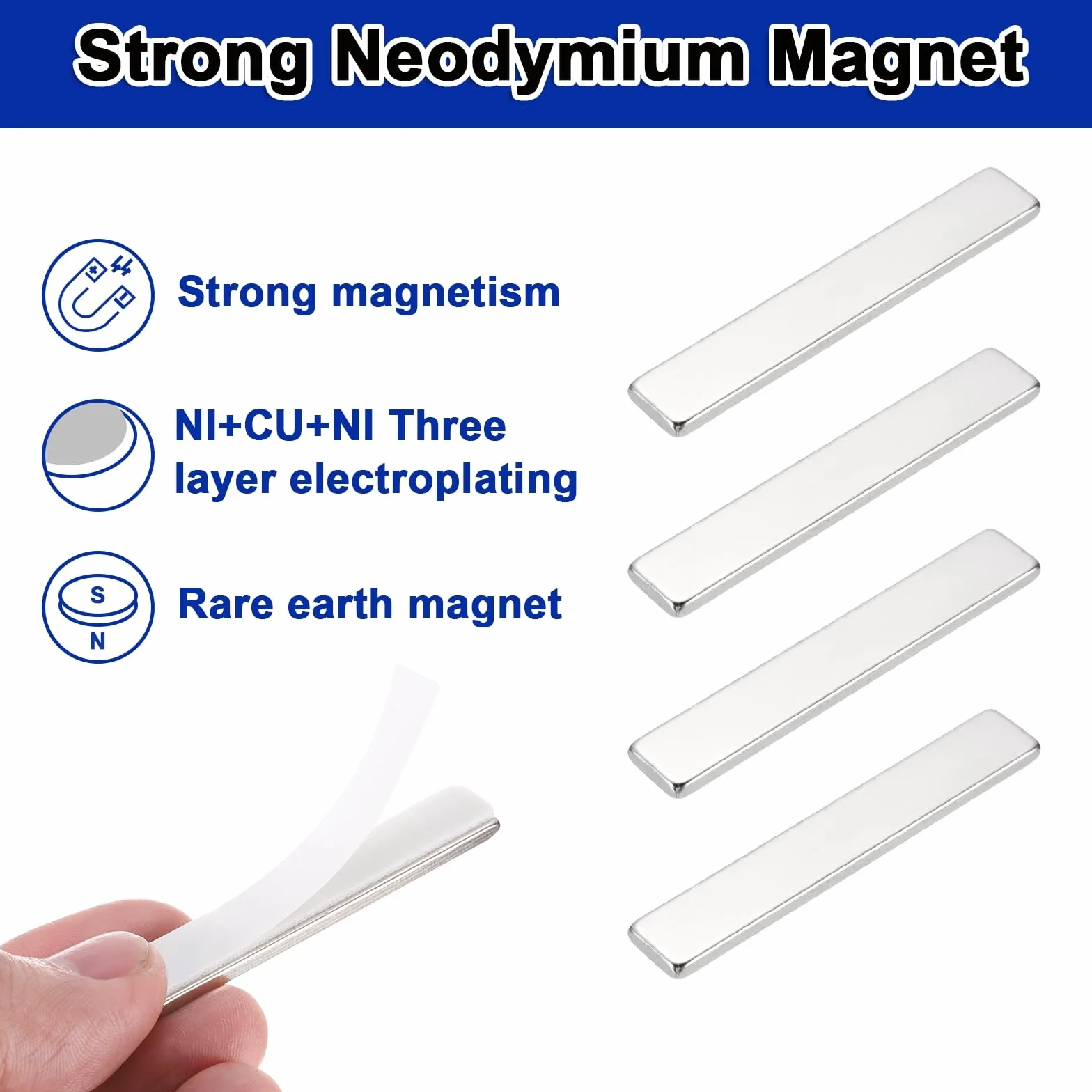 QUARKZMAN 6 sztuk magnesów mocnych, magnesy bardzo mocne, magnesy prostokątne do tablicy magnetycznej, do biur, do kuchni, do szafy kuchennej, do warsztatu (60x10x3mm)