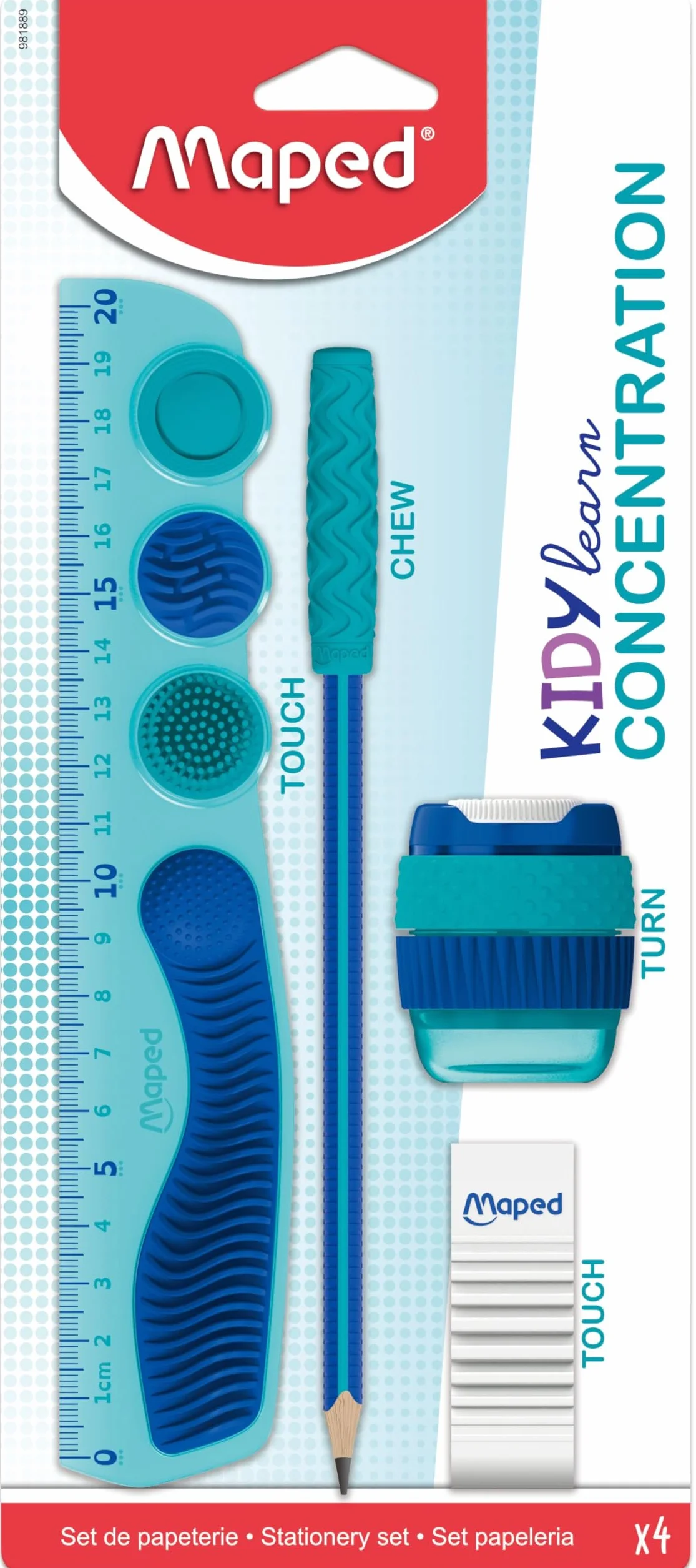 Maped 4-częściowy zestaw Kidy Learn Concentration - Linijka - Temperówka - Gumka - Grafitowa końcówka relaksująca - stymulacja sensoryczna - poprawa koncentracji - polecany przez nauczycieli