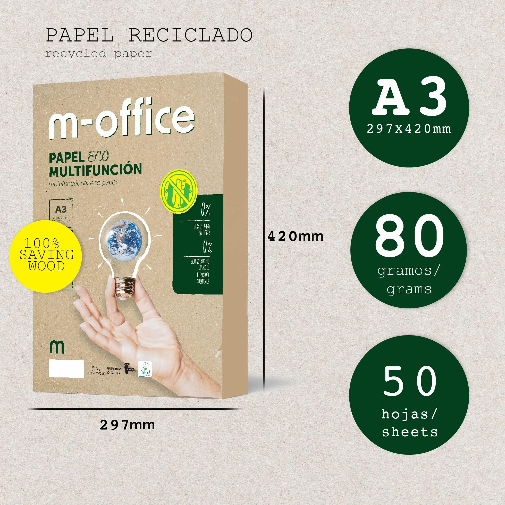 Papier z recyklingu DIN A3, opakowanie foliowe A3 80gr, papier do kopiarek i drukarek, 1 opakowanie 50 arkuszy A3 100% papier z recyklingu · m-office (50 arkuszy)