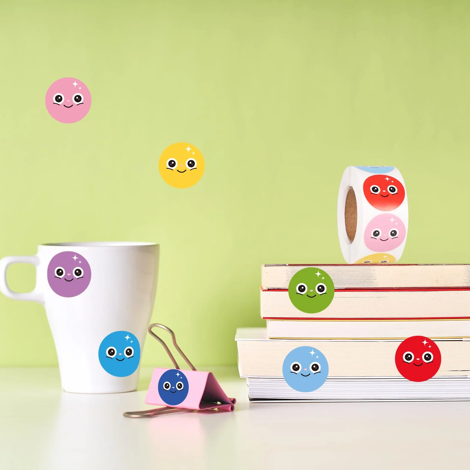 500szt Naklejki Happy Smile Face, 2,54cm Naklejka Happy Face Rolka 8 Kolorów Usmiechnieta Buzka Naklejki z Nagrodami dla Nauczycieli dla Dzieci Nagroda dla Nauczycieli Materialy Rekodzielnicze