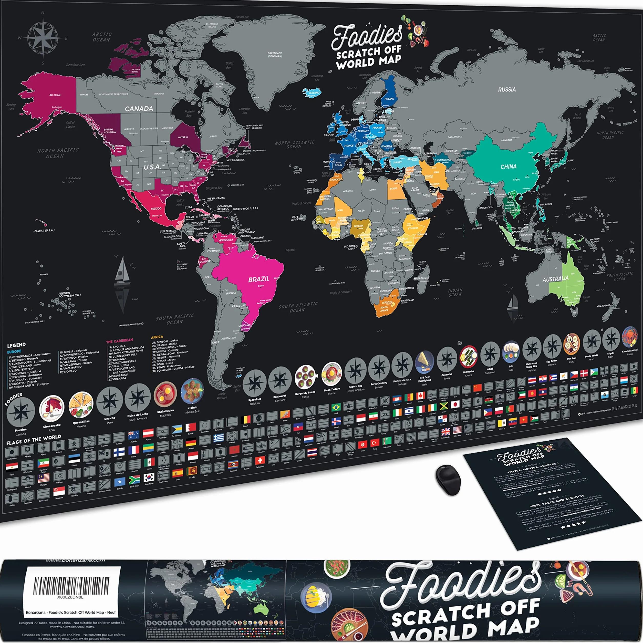 Bonanzana Mapa świata do zdrapywania XXL 70 x 42 cm z 25 produktami spożywczymi i 197 flagami Scratch off World Map prezent